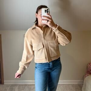 Elie Velvet Corduroy Boxy Cropped Tan Collared Jacket